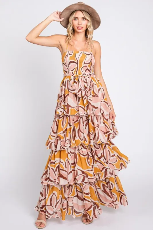 Gold Floral Flounce Tier Maxi Dress sold by Pinkblush