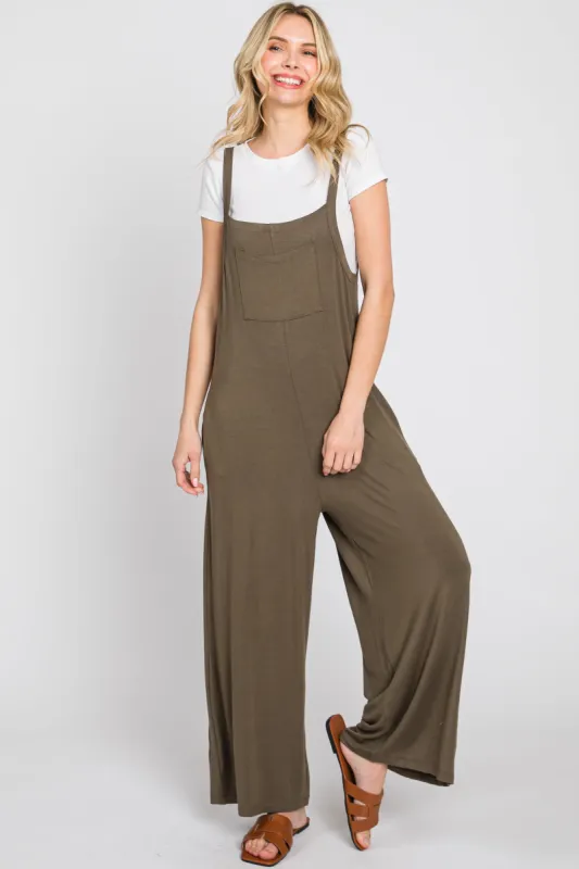 Olive Sleeveless Pocketed Wide Leg Jumpsuit sold by Pinkblush