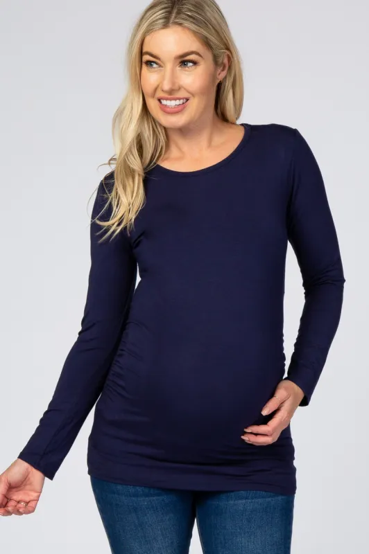 Navy Blue Long Sleeve Ruched Fitted Maternity Top sold by Pinkblush