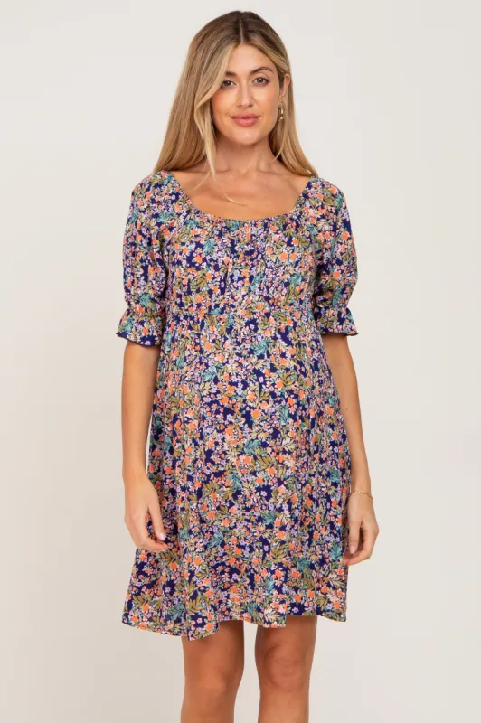 Navy Floral Cinched Short Sleeve Maternity Dress sold by Pinkblush