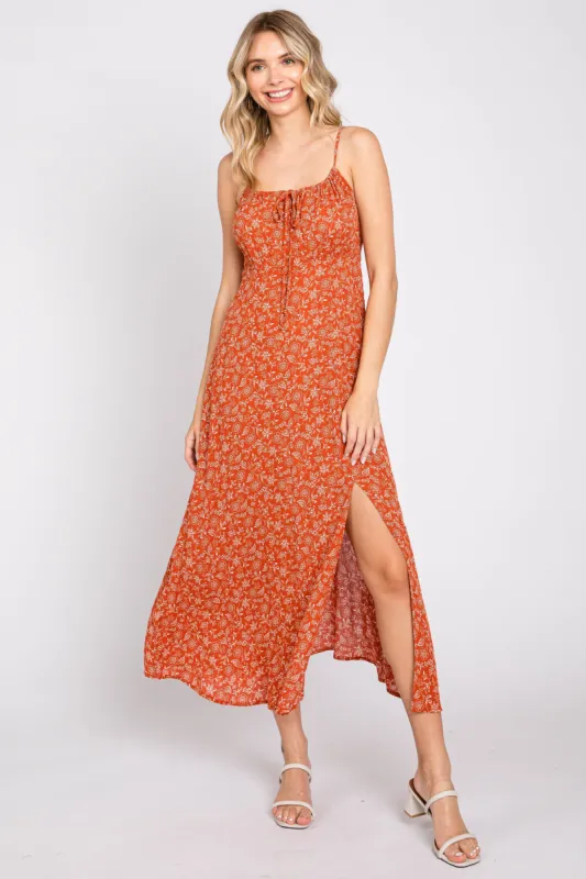 Rust Floral Side Slit Midi Dress sold by Pinkblush