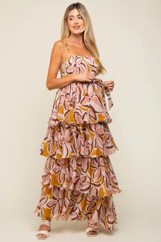 Gold Floral Flounce Tier Maternity Maxi Dress sold by Pinkblush