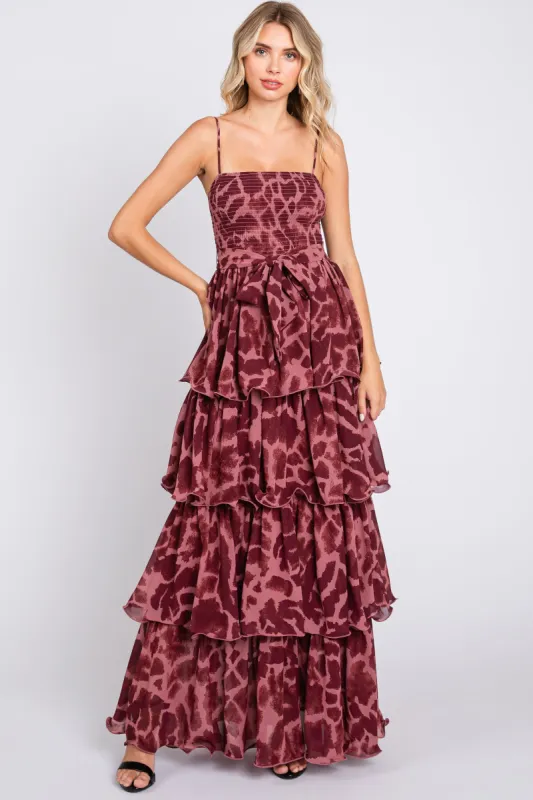 Burgundy Animal Print Flounce Tier Maxi Dress sold by Pinkblush