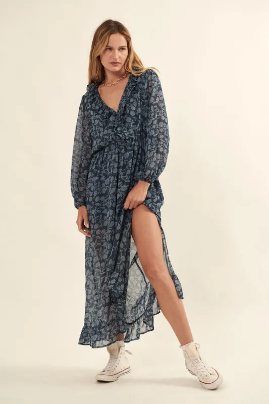 Indigo Floral Chiffon Ruffled Surplice Maxi Dress made by Promesa