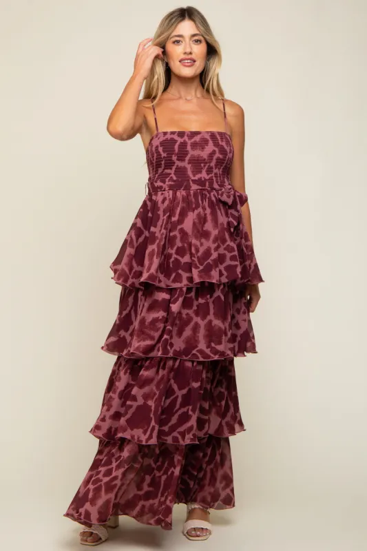 Burgundy Animal Print Flounce Tier Maternity Maxi Dress sold by Pinkblush