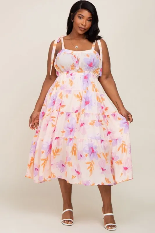 Lavender Floral Square Neck Shoulder Tie Tiered Plus Maxi Dress sold by Pinkblush