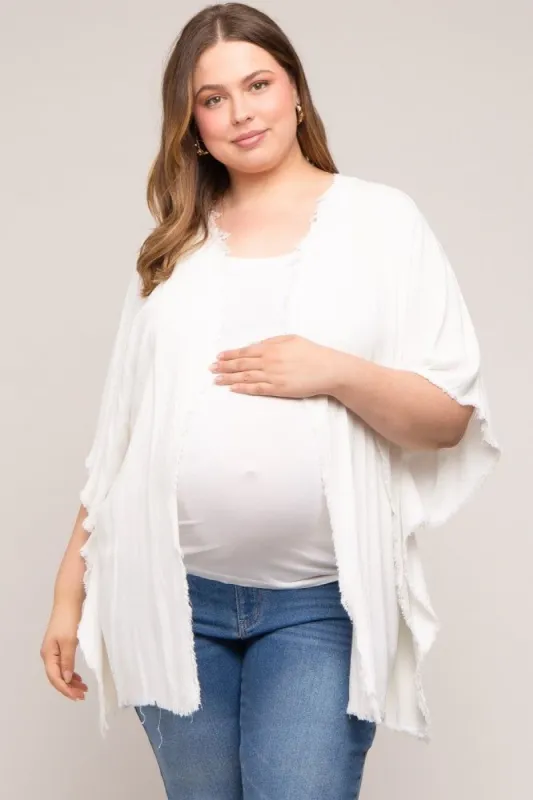 Ivory Fringe Maternity Plus Dolman Sleeve Cover Up sold by Pinkblush
