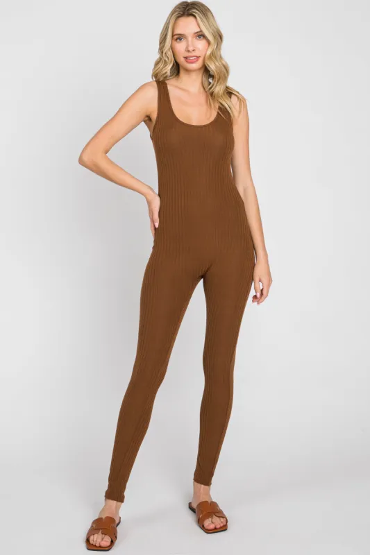 Brown Ribbed Bodycon Jumpsuit sold by Pinkblush
