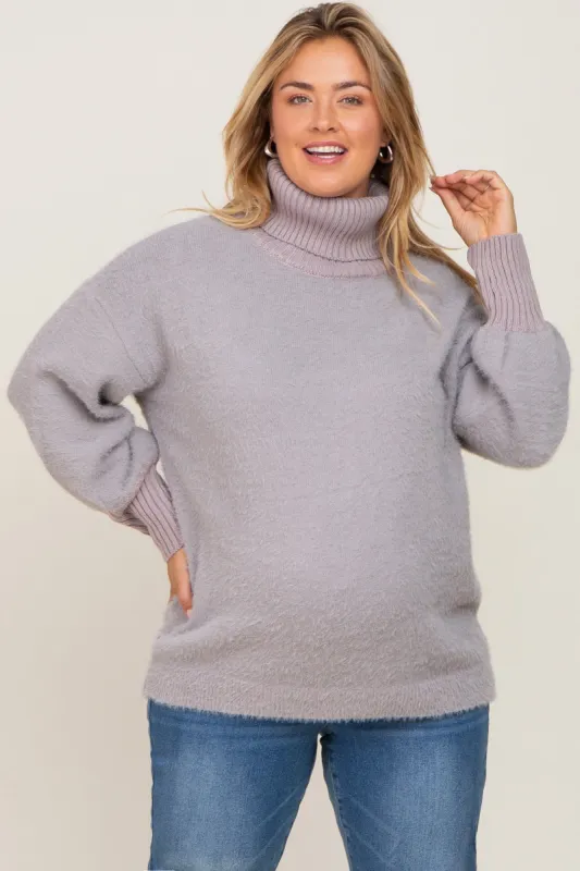 Grey Fuzzy Knit Turtleneck Maternity Plus Sweater sold by Pinkblush