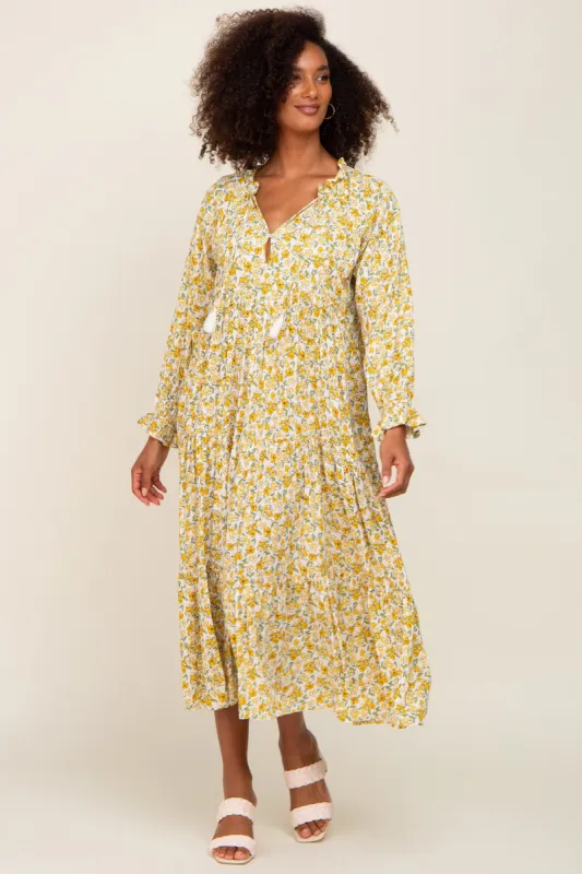 Yellow Floral Front Tie Long Sleeve Tiered Midi Dress sold by Pinkblush