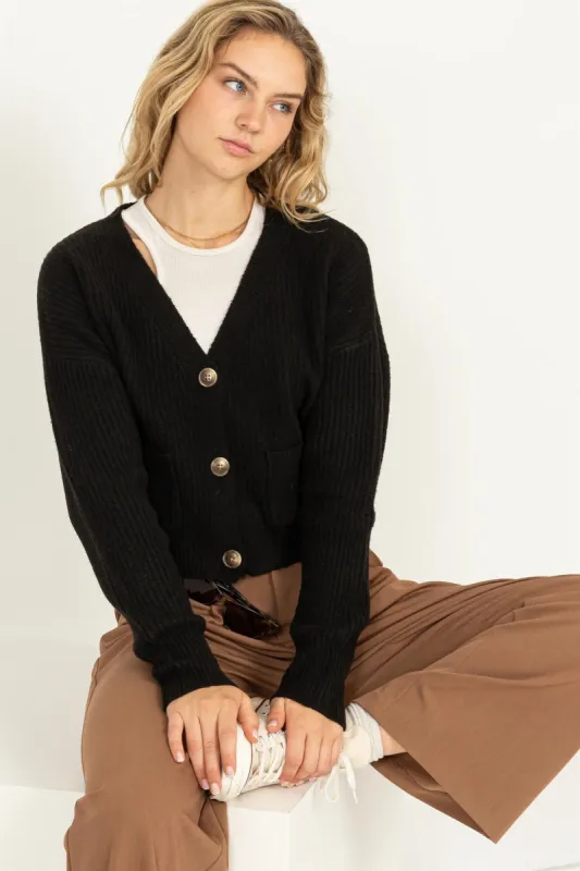 Black Ribbed Button-Front Raglan Sleeve Cardigan sold by Pinkblush