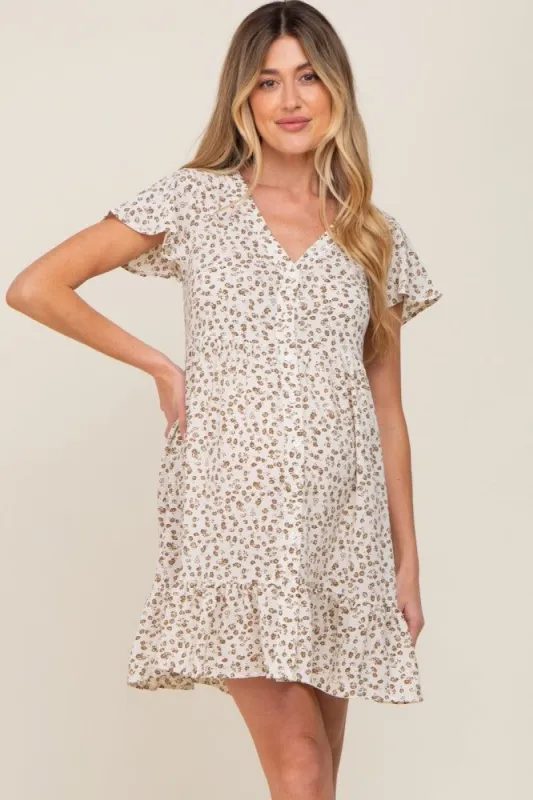 Ivory Floral Button Front Ruffle Maternity Dress sold by Pinkblush