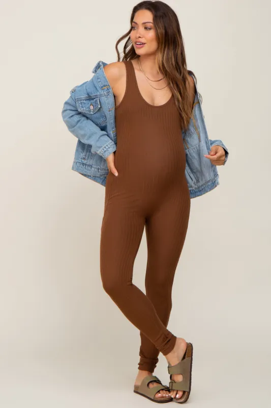 Brown Ribbed Bodycon Maternity Jumpsuit sold by Pinkblush