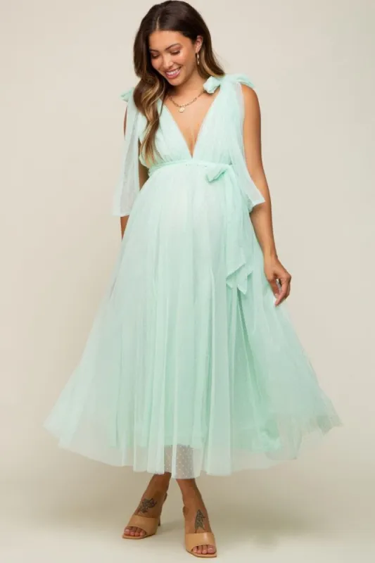 Mint Green Dotted Tulle Deep V-Neck Shoulder Tie Maternity Midi Dress sold by Pinkblush