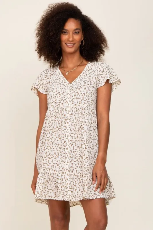 Ivory Floral Button Front Ruffle Dress sold by Pinkblush
