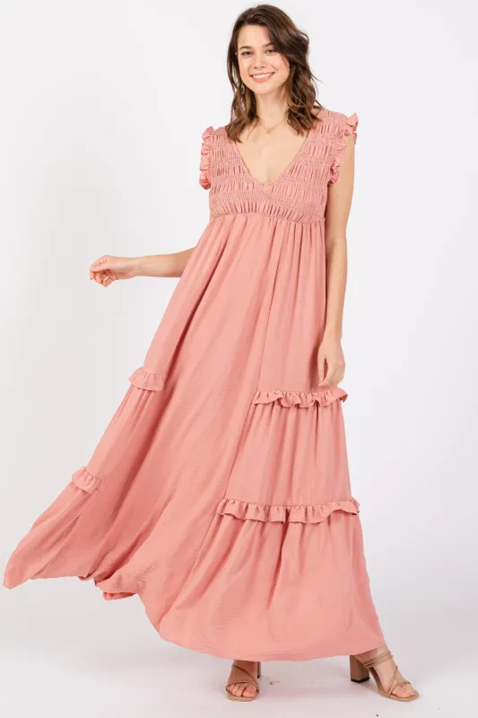 Mauve Smocked Ruffle V-Neck Maxi Dress sold by Pinkblush