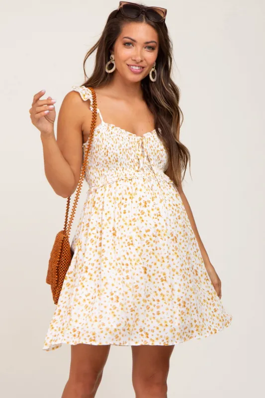 Yellow Floral Smocked Ruffle Strap Maternity Mini Dress sold by Pinkblush