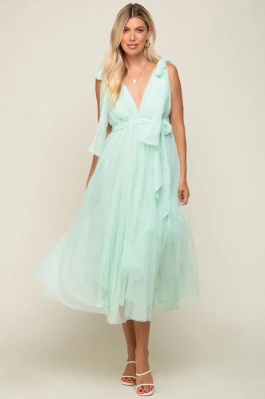 Mint Green Dotted Tulle Deep V-Neck Shoulder Tie Midi Dress sold by Pinkblush
