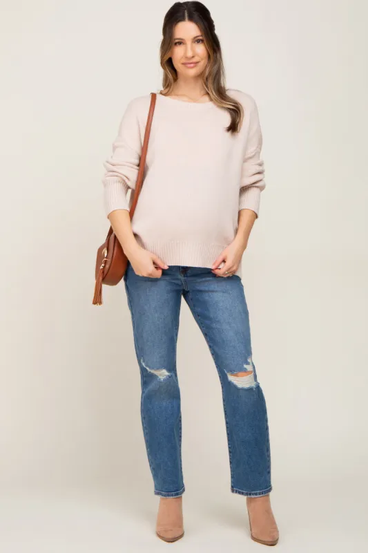 Blue Medium Wash Distressed Straight Maternity Jean sold by Pinkblush