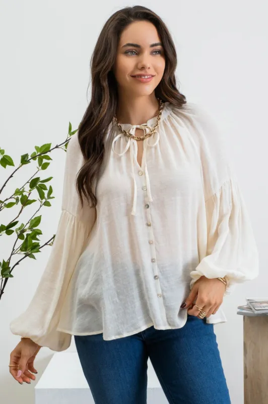 Ivory Long Sleeve Peasant Woven Top sold by Pinkblush