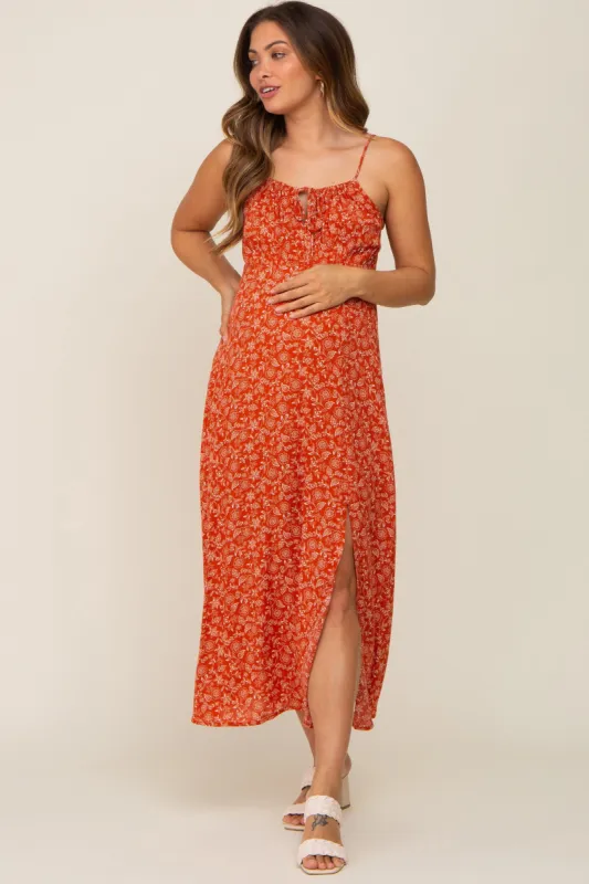 Rust Floral Side Slit Maternity Midi Dress sold by Pinkblush
