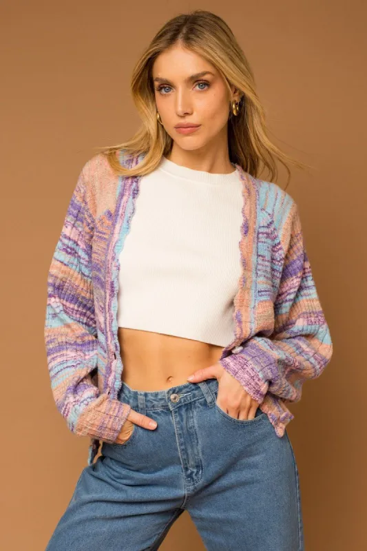 Lavender Multi Long Sleeve Scallop Edge Neck Sweater Cardigan sold by Pinkblush
