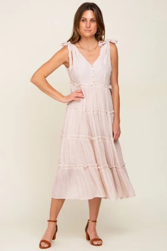 Beige Linen Button Front Shoulder Tie Tiered Midi Dress sold by Pinkblush
