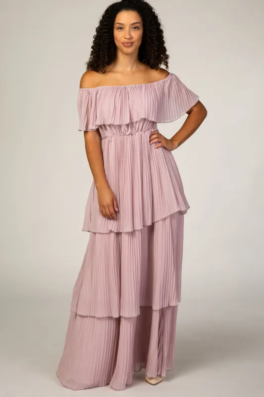 Mauve Pleated Ruffle Tiered Maxi Dress sold by Pinkblush