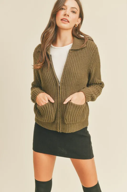 Olive Full Zip Sweater Cardigan sold by Pinkblush