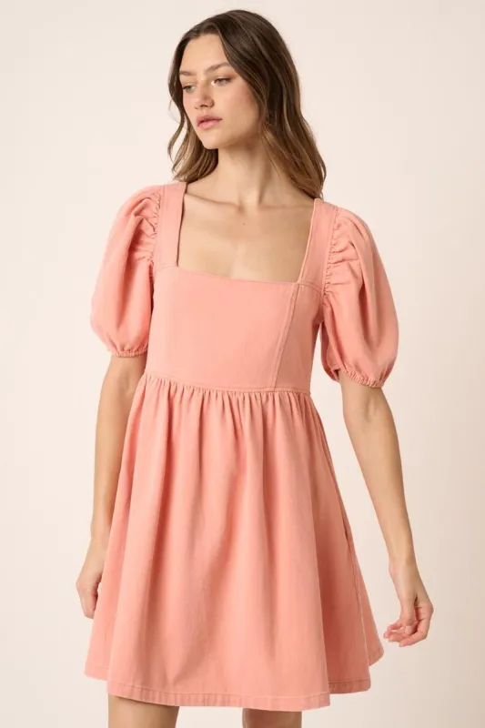 Coral Washed Denim Puff Sleeve Babydoll Dress sold by Pinkblush
