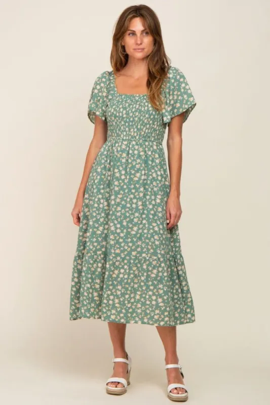 Light Olive Floral Smocked Midi Dress sold by Pinkblush