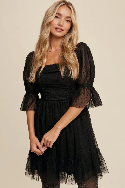 Black Polka Dot Mesh Cinched Design Mini Dress sold by Pinkblush