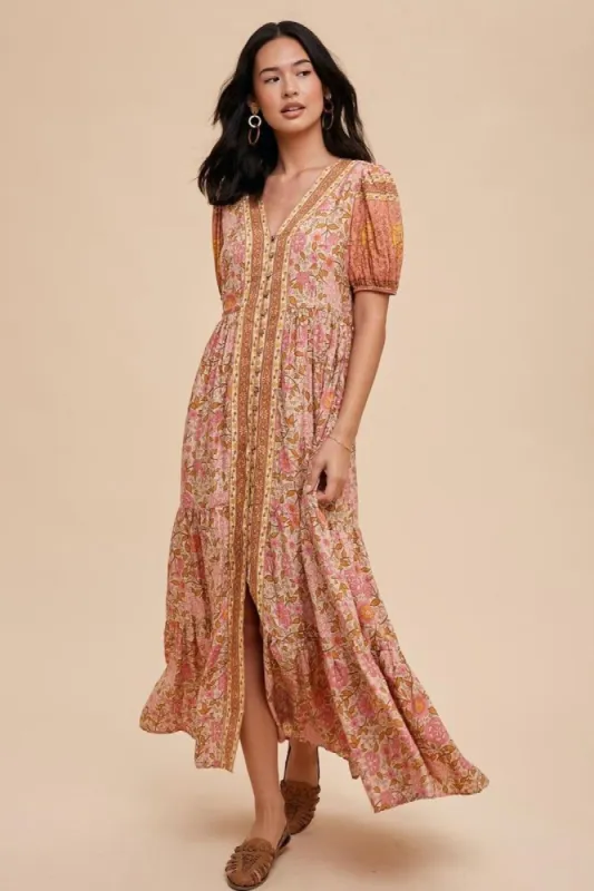 Dusty Rose Border Print Button Down Maxi Dress sold by Pinkblush