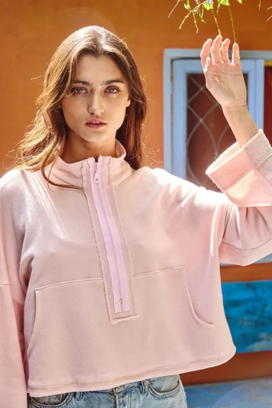 Pink Zip-Up Solid Knit Crop Sweatshirt sold by Pinkblush