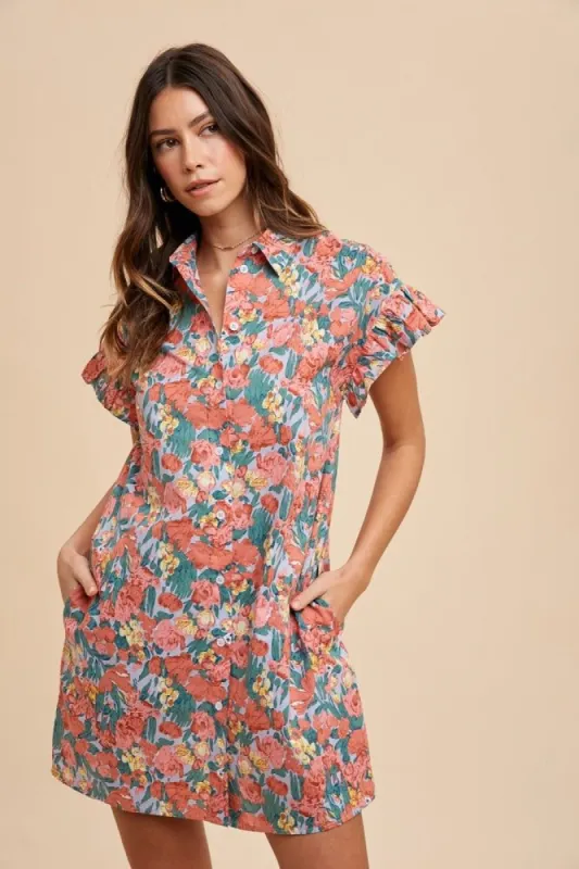 Coral Multi Floral Printed Frill Sleeve Shirt Mini Dress sold by Pinkblush