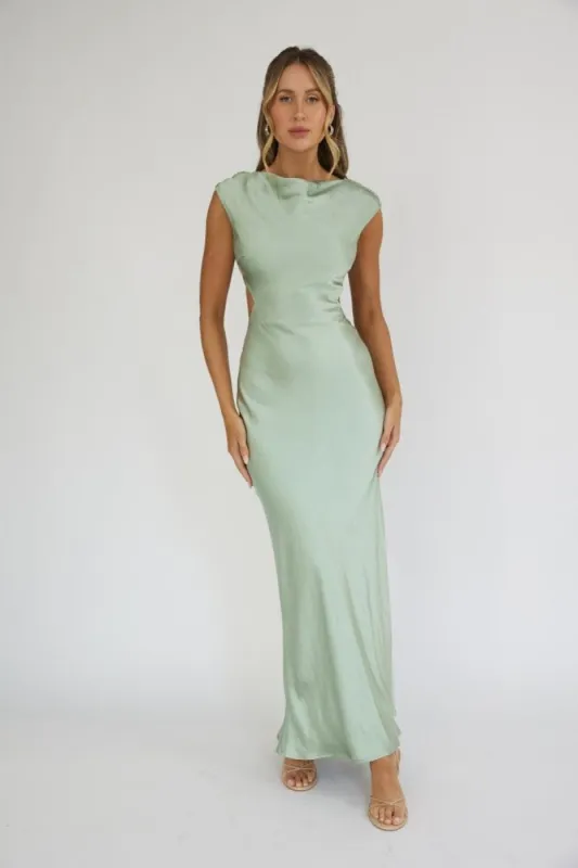 Pistachio High Neck Satin Open Back Maxi Dress sold by Pinkblush