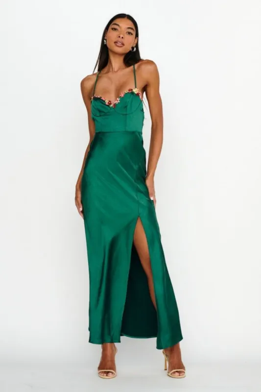 Forest Green Floral Embroidered V Neckline Maxi Dress sold by Pinkblush