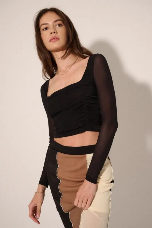 Black Solid Sheer Square Neck Ruched Bodice Crop Top sold by Pinkblush