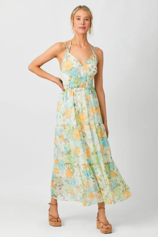 Pistachio Mix Printed Long Tiered Dress sold by Pinkblush
