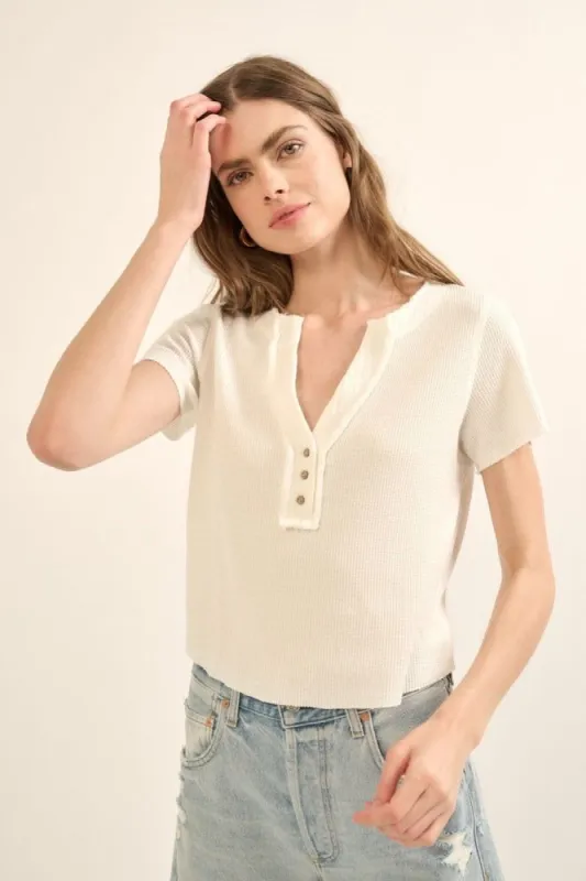 Off White Solid V Neck Button Front Waffle Knit Shirt sold by Pinkblush