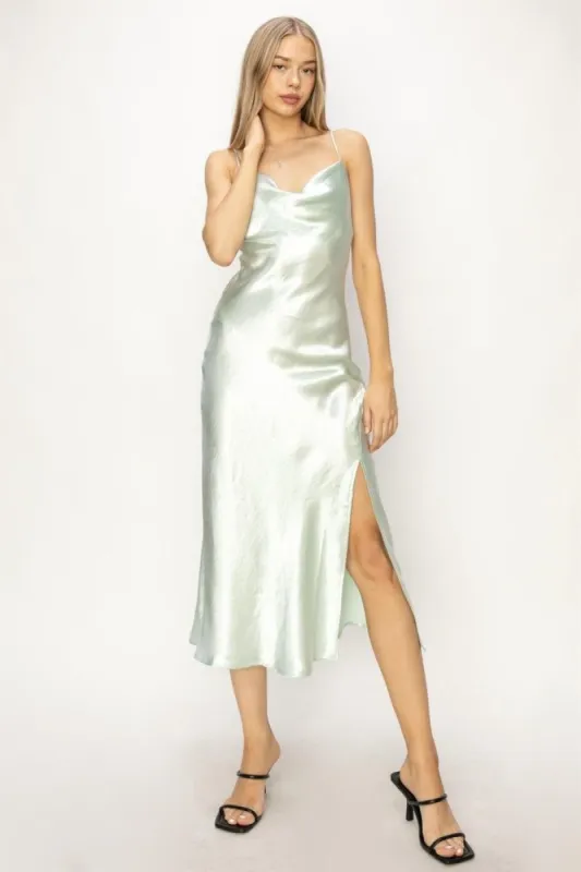 Mint Satin Cowl Neck Midi Dress sold by Pinkblush
