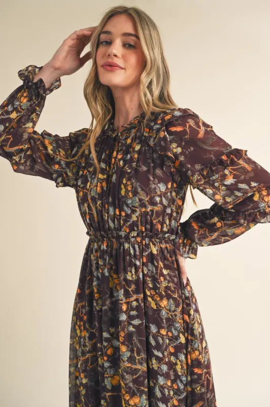 Brown Floral Ruffle Trim Midi Dress sold by Pinkblush