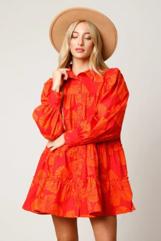 Orange Tropical Print Button Down Tiered Shirt Dress sold by Pinkblush