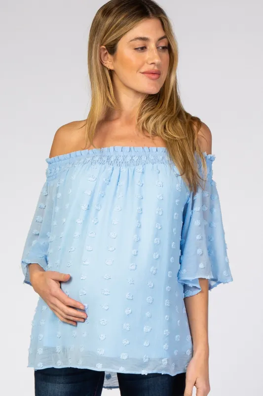 Light Blue Textured Dot Smocked Off Shoulder Chiffon Maternity Blouse sold by Pinkblush