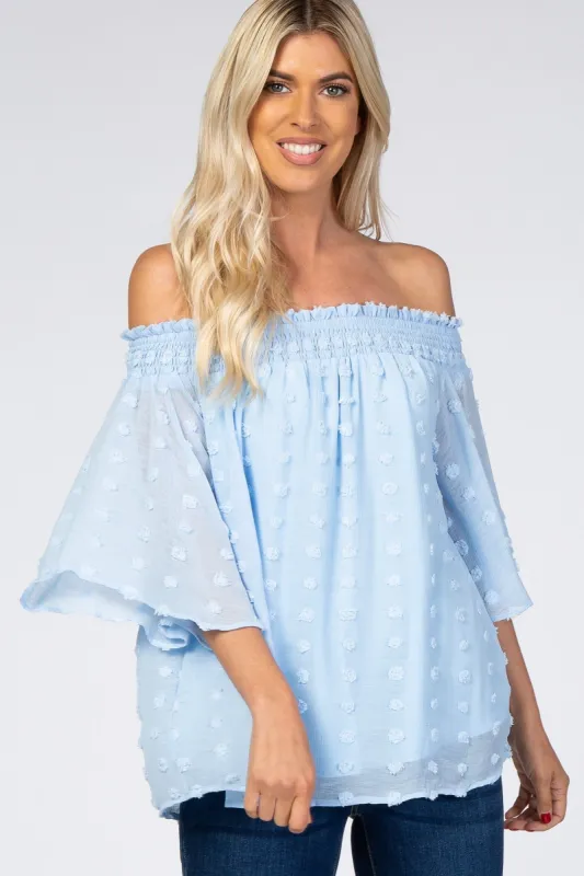 Light Blue Textured Dot Smocked Off Shoulder Chiffon Blouse sold by Pinkblush