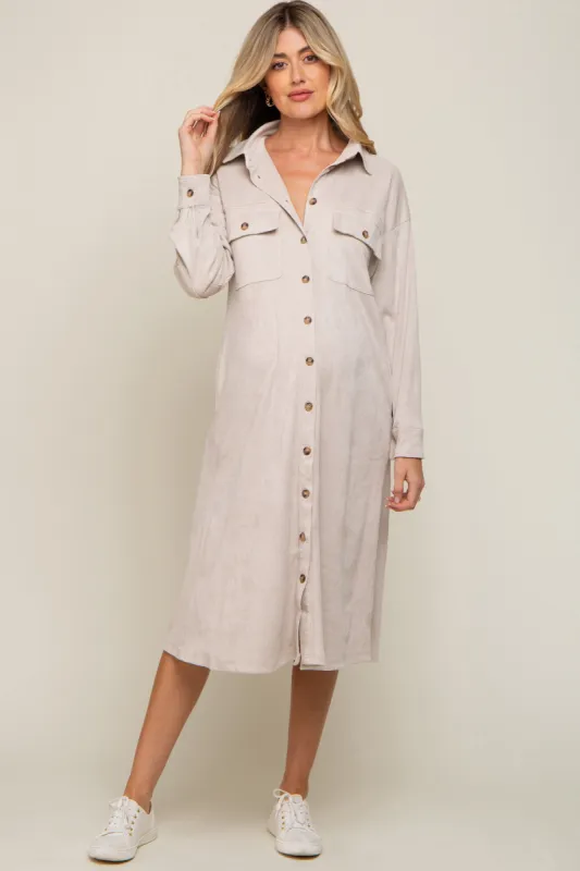 Beige Knit Corduroy Button Down Maternity Midi Dress sold by Pinkblush