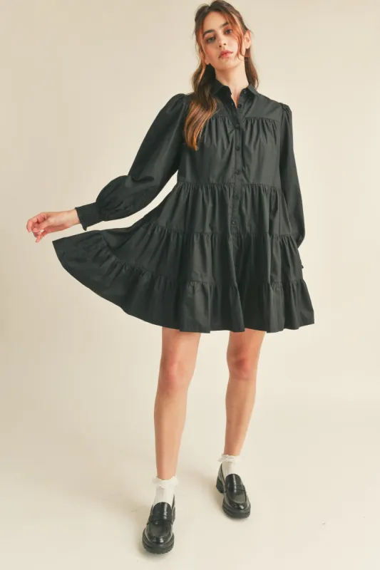 Black Tiered Button Down Mini Dress sold by Pinkblush