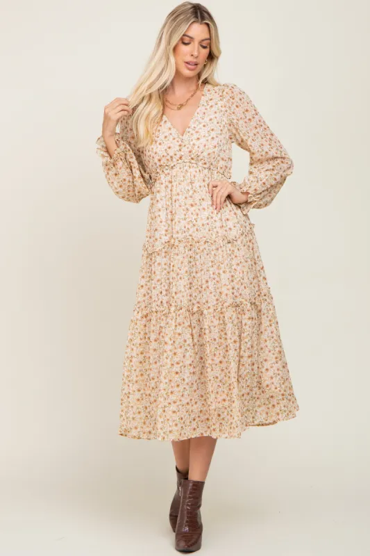 Cream Floral Ruffle Tiered Midi Dress sold by Pinkblush