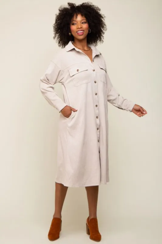 Beige Knit Corduroy Button Down Midi Dress made by Pinkblush