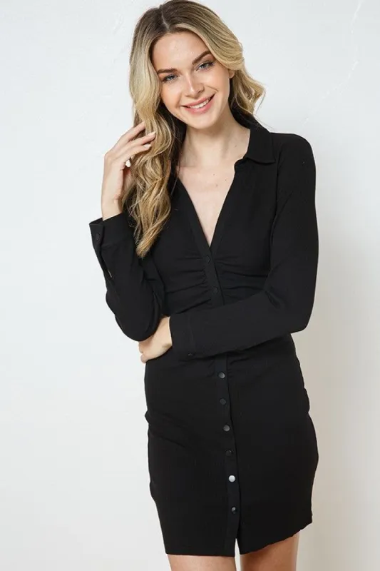 Black Rib Ruched Snap Button Front Dress sold by Pinkblush